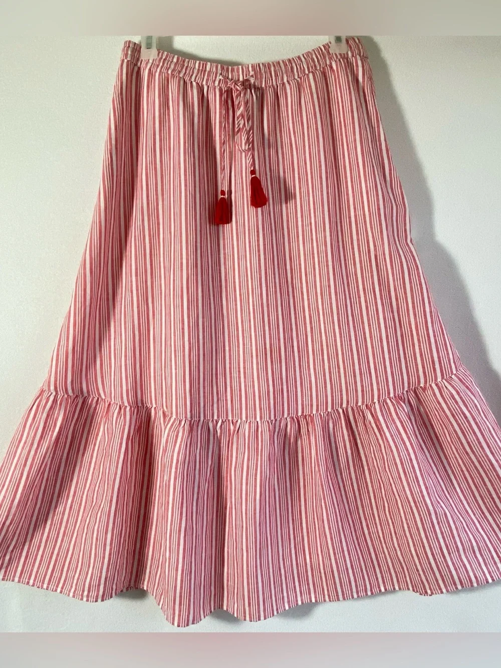 TALBOTS Linen/Cotton Blend Maxi Skirt Red/White Striped Elastic Waist Flare Sz L